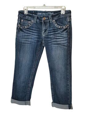 Miss Chic Womens 5 Crop Jeans Embellished Dark Wash Rhinestone Cuffed Grunge Y2K